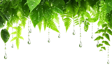 Nature background of green fern and ivy leaves covered with raindrops, isolated on black. Ideal for eco, freshness, or nature design themes.