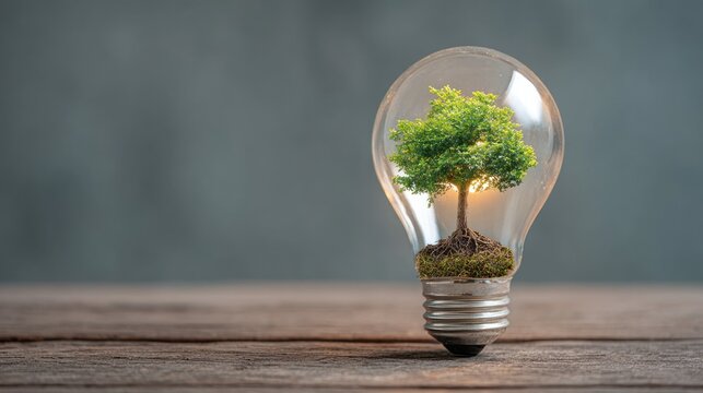 A light bulb with a small tree inside, emitting a soft glow on a wooden table.