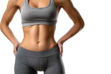 a fit young woman showing toned abs and athletic physique, wearing gray sportswear.