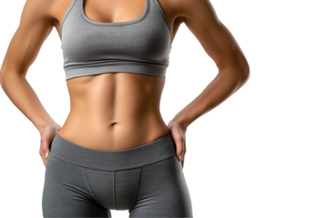 a fit young woman showing toned abs and athletic physique, wearing gray sportswear.