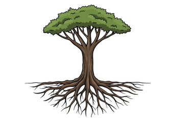 A vibrant tree with expansive roots and a lush canopy stands alone against a white background