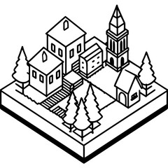 Isometric view of a small town with buildings and trees