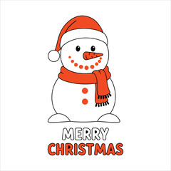 Cute cartoon snowman wearing Santa hat and scarf with Merry Christmas text vector