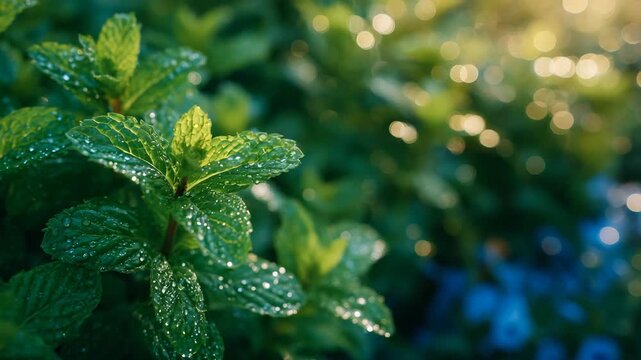 Close-up of mint leaves with sparkling dew, sunlight creating soft bokeh in background, fresh and vibrant nature detail