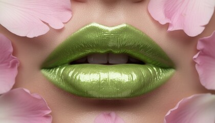 Close-up of glossy green lips surrounded by pink flower petals. The scene emphasizes beauty and cosmetic themes, highlighting vibrant colors and textures.