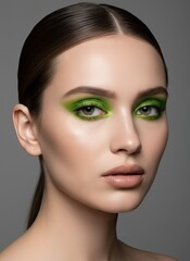 A young Caucasian woman with long brown hair and striking green eye makeup. She has a smooth complexion and a neutral expression against a gray background.