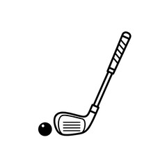Golf club striking a golf ball icon illustration in black and white style