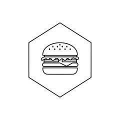 Delicious Burger Icon on a Hexagon, Food Symbol, Fast Food Restaurant Sign