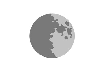 Gray sphere partly dark with textured light half suggests a celestial body