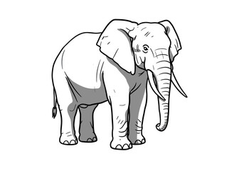 Lineart elephant stands black outlines define gray shading ears flared tusks curve and trunk hangs