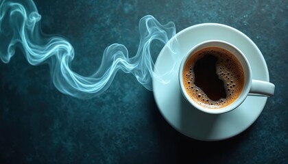 White cup of coffee on saucer with rising steam on blue background. Hot beverage, espresso in ceramic cup. Coffee break, morning routine, coffee time, caffeine drink, workplace refreshment, office