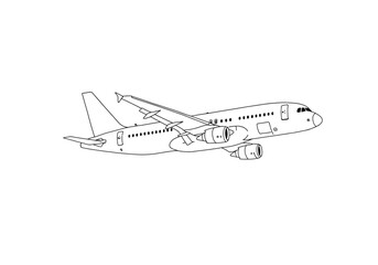 Outline of a passenger airplane detailed with windows wings and engines against a white backdrop