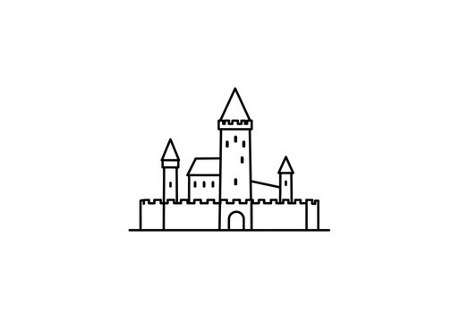 Lineart drawing of a castle featuring towers a central structure and crenellated walls