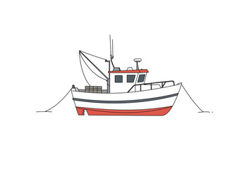 White  red boat w gray cabin 2 gray ropes dark lines  fishing equipment