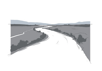 Winding river through a gray landscape with distant mountains under a pale sky