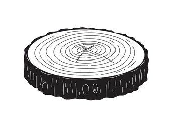 Wood stump slice featuring concentric tree rings and a textured bark edge in black and white