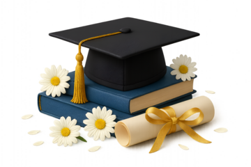 Elegant graduation cap with golden tassel and blue books