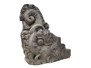 Intricate Makara stone carving, a mythical sea creature guarding ancient Hindu-Buddhist temple stairs. A powerful architectural element symbolizing fertility and protection.