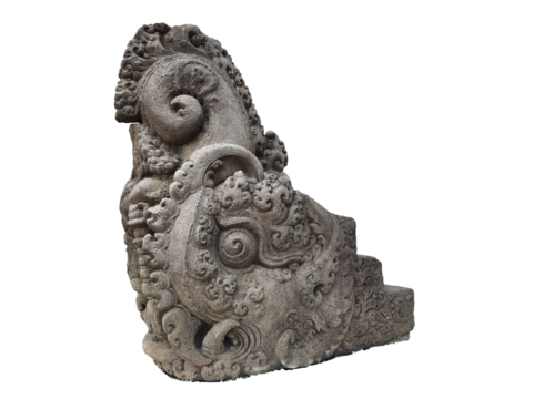 Intricate Makara stone carving, a mythical sea creature guarding ancient Hindu-Buddhist temple stairs. A powerful architectural element symbolizing fertility and protection.