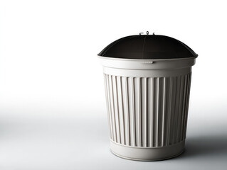 Simple trash bin with clean design, white ribbed body and black lid, modern waste container for home or office use
