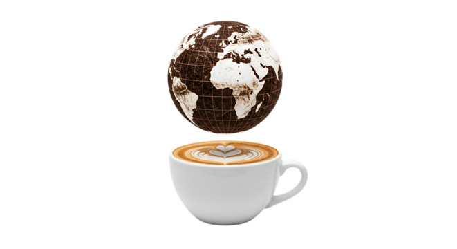 Coffee Earth Concept World Globe Latte Art Drink in White Cup Isolated