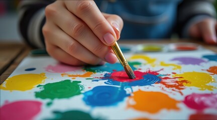 Hand Holding Paintbrush Over Colorful Palette for Creative Art Activity