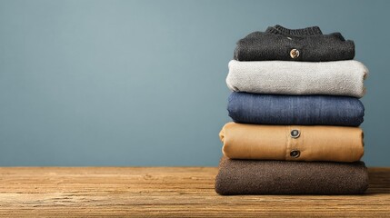 Stack of folded sweaters on a wooden table.