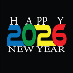 Art & IllustratioHappy New Year 2026 colorful typography design with modern bold numbers and vibrant colors on black background, festive vector illustration for celebration, greeting card, or poster n