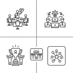 A set of business icons depicting a meeting, brainstorming, winning a trophy, celebrating success, and a network.
