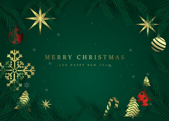 Elegant Christmas banner featuring a dark green background framed by pine branches, gold stars, and ornaments. creating a warm, festive mood.Vector Illustration Design