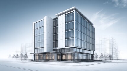 A modern office building with glass windows and a sleek design, set against a clear blue sky with some clouds.