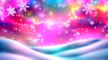 Fototapeta premium An abstract Christmas background featuring delicate snowflakes in shades of purple, pink, blue, and gold, softly glowing under neon light.