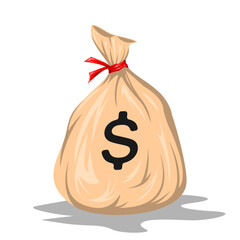Money Bag Icon with Dollar Symbol Vector Illustration, Full Sack of Cash with Red Ribbon, Isolated on White Background, Financial Concept for Business, Banking, and Investment Design