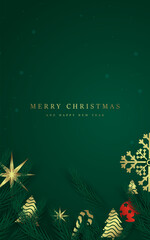 Luxurious Christmas greeting banner showcasing gold stars, snowflakes, and ornaments around a dark green background. A Christmas banner vector Design