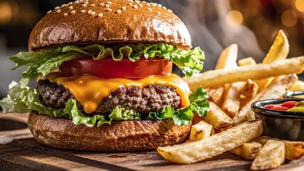 Delicious Cheeseburger with Fresh Ingredients and Crispy Fries