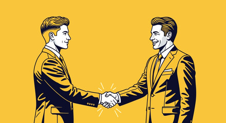 Illustrated Handshake Between Two Businessmen Against a Yellow Background