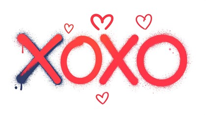 Graphic with graffiti-style "XOXO" in red and blue hues, with scattered hearts