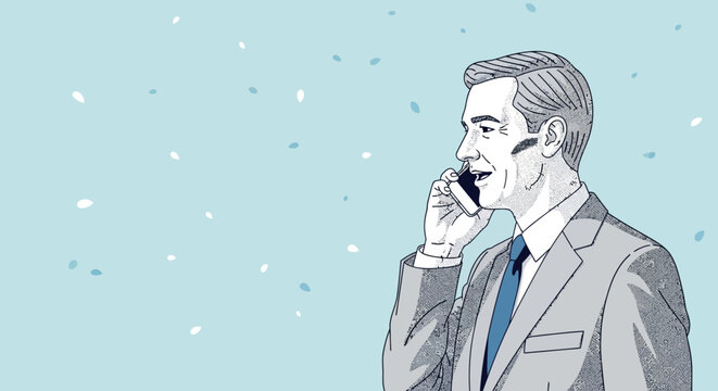 A confident businessman in a suit conversing on his mobile phone against a light blue backdrop with subtle speckles - Powered by Adobe