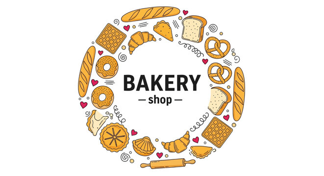 Circular Bakery Shop Emblem Hand-drawn assortment of bread, pastries, and desserts, perfect for café branding, menu designs, posters, or packaging elements showcasing fresh baked goods