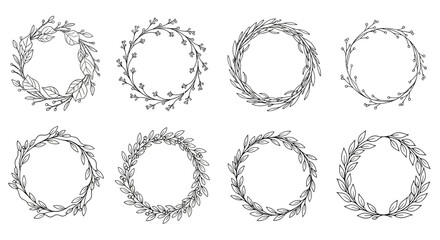 Collection of hand-drawn botanical wreaths, featuring delicate leaves and branches in a circular frame design, perfect for elegant borders, invitations, and decorative elements