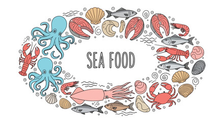 A bountiful collection of delicious seafood illustrations arranged in an oval frame, perfect for culinary art and design projects