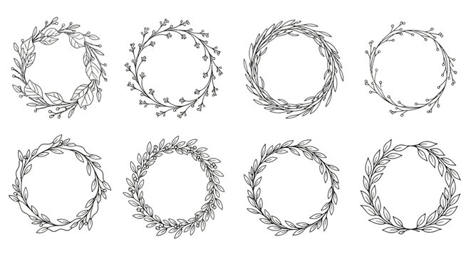 Collection of hand-drawn botanical wreaths, featuring delicate leaves and branches in a circular frame design, perfect for elegant borders, invitations, and decorative elements - Powered by Adobe