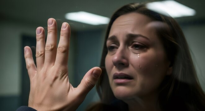 Woman cries behind glass during a prison visit, expressing sadness and despair, a concept of separation and crime consequences.
