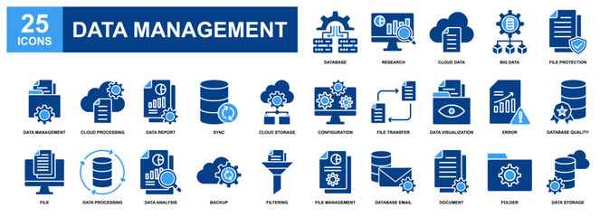 Data Management icon set collection. Containing design Big Data, File Protection, File Transfer, Data Report, Data Storage