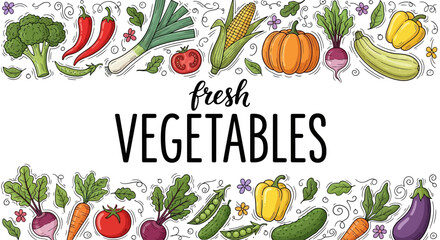 Vibrant collection of hand-drawn garden-fresh vegetables forming a colorful and decorative border, perfect for promoting healthy eating and organic produce themes