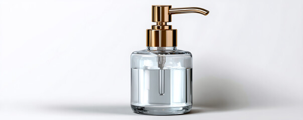 Sleek transparent soap dispenser with golden pump on white background, modern design for bathroom or kitchen use, clean and elegant style