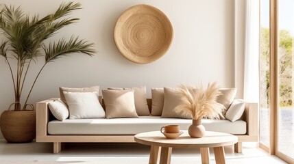 A modern, minimalist living room featuring a light-colored sofa, decorative pillows, a palm plant, and a round wall art piece, creating a serene atmosphere.