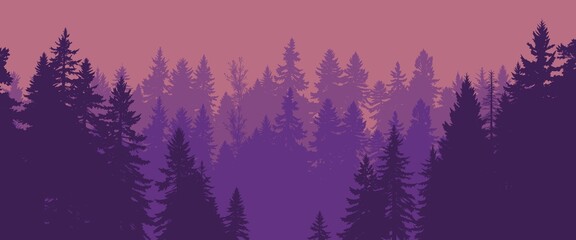 silhouetted forest at dusk with a dreamy purple and pink sky