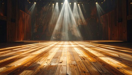 Illuminated wooden stage with overhead lights creating spotlight beams across the empty floor and against the warm, wood backdrop