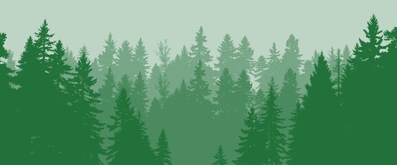 silhouette of a dense evergreen forest with a misty, atmospheric background